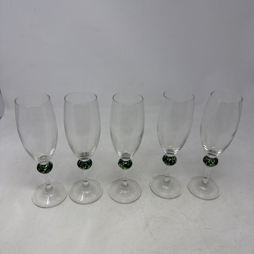 Set of 5 VTG Luminarc Green Marble Style Ball Stem Champagne Flute Glass 7.5"
